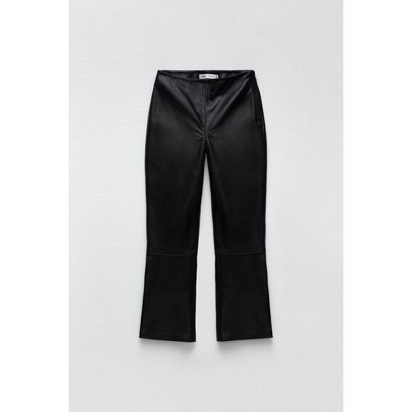 Black Zara 100% Leather High Waisted Cropped Bootcut Kick Flare Pants (NWT) - Picture 6 of 9